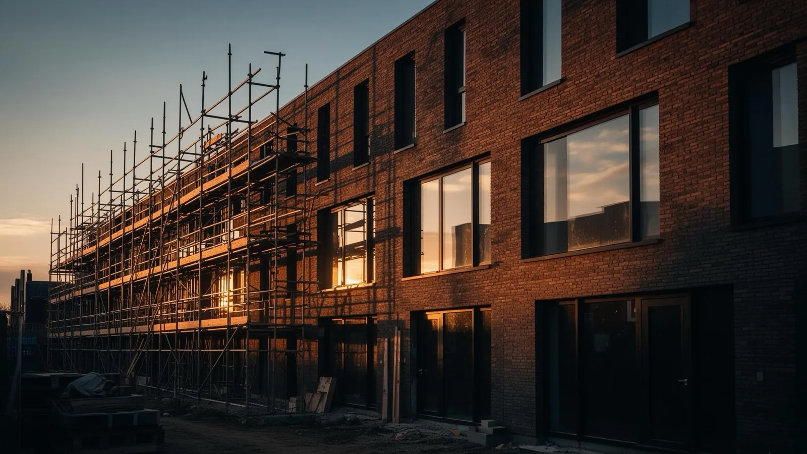 Bouwproject van Project Bouw Haarlem in de avondzon: een woning in de steigers met nieuw metselwerk
